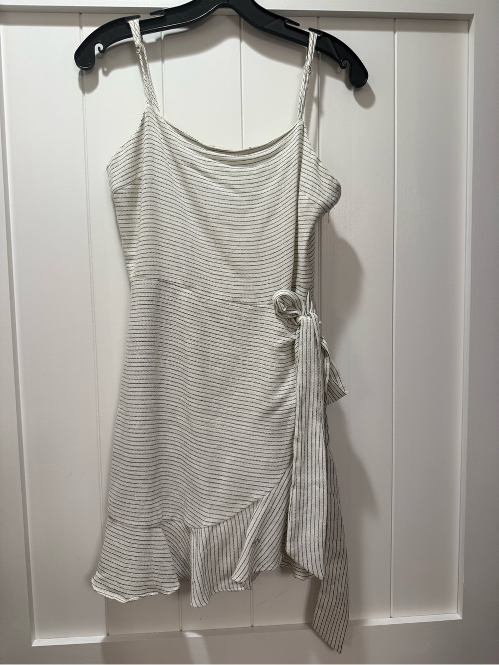 Cotton Candy White Mini Dress with Gray Stripes and Side Tie